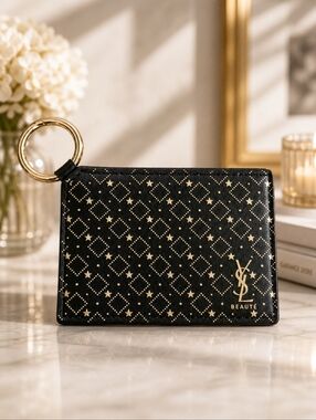 Yves Saint Laurent Black & Gold Star-Print Keychain Travel Mirror NEW